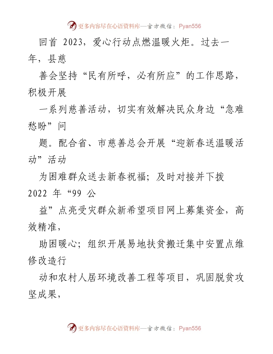 [工作总结] 某县慈善会 - 2023年度慈善工作汇报与展望.docx_第2页