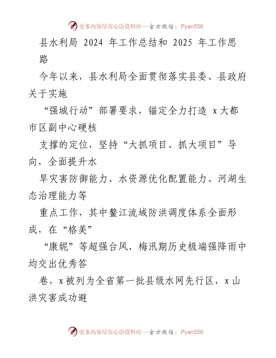 [工作总结] 水利局工作汇报 - 2024年工作总结与2025年工作思路.docx_第1页