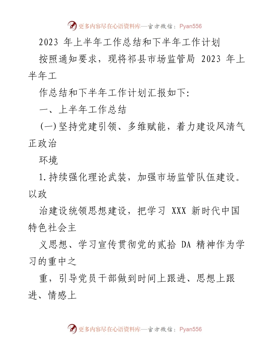 [工作总结] 祁县市场监管局 - 2023年上半年工作总结与下半年工作计划.docx_第1页