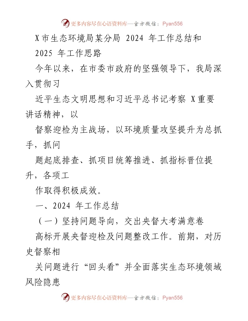 [工作总结] 生态环境局 - 2024年工作总结与2025年工作思路概述.docx_第1页