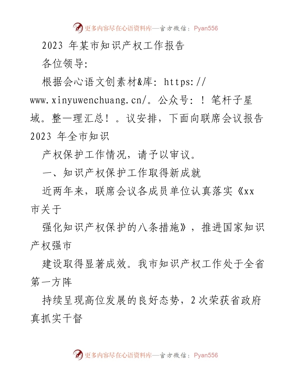[工作总结] 知识产权保护联席会议 - 2023年某市知识产权保护工作成就报告.docx_第1页
