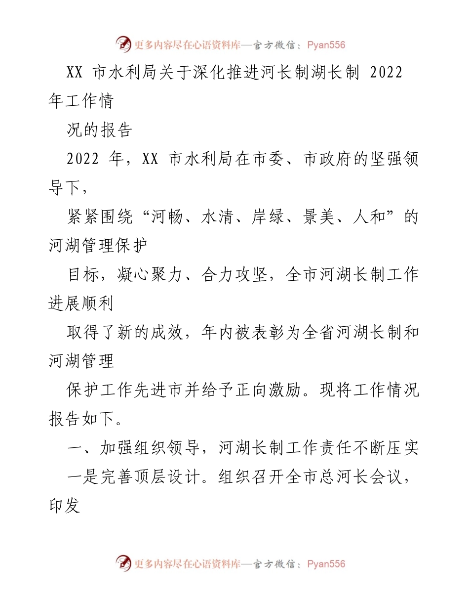 [工作总结] 水利局 - XX市河长制湖长制2022年工作总结报告.docx_第1页