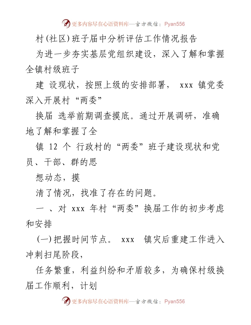 [工作总结] 村级组织换届 - 村“两委”班子建设现状及换届工作初步安排报告.docx_第1页