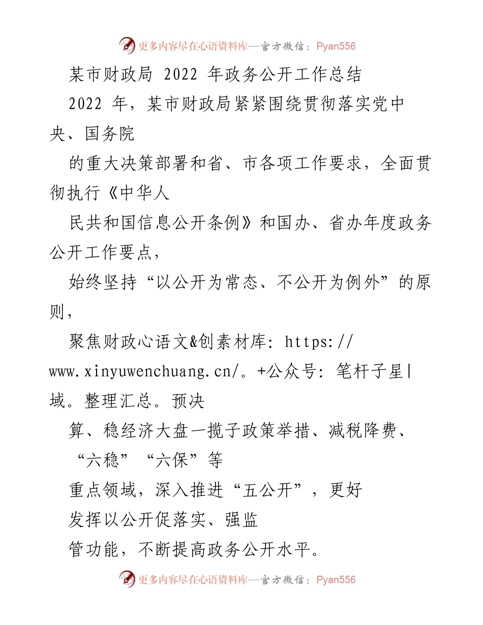 [工作总结] 某市财政局 - 2022 年政务公开工作总结报告.docx_第1页