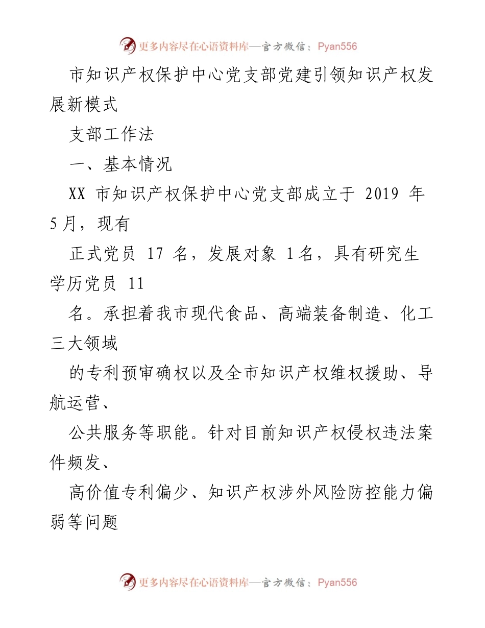 [工作总结] 知识产权保护中心 - 党建引领知识产权发展新模式的探索与实践.docx_第1页