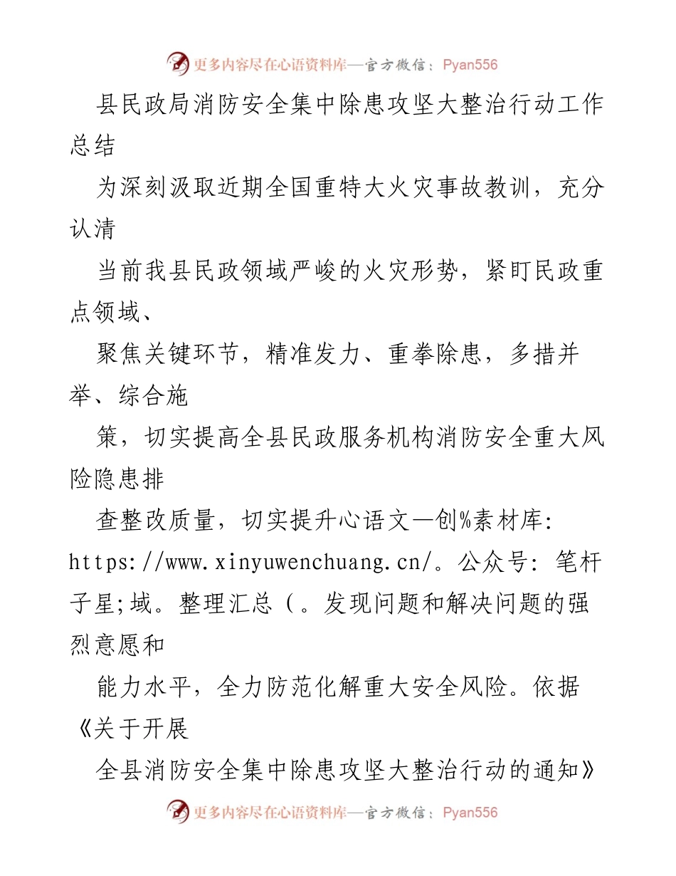 [工作总结] 消防安全整治行动 - 县民政局消防安全集中除患攻坚大整治行动工作总结.docx_第1页
