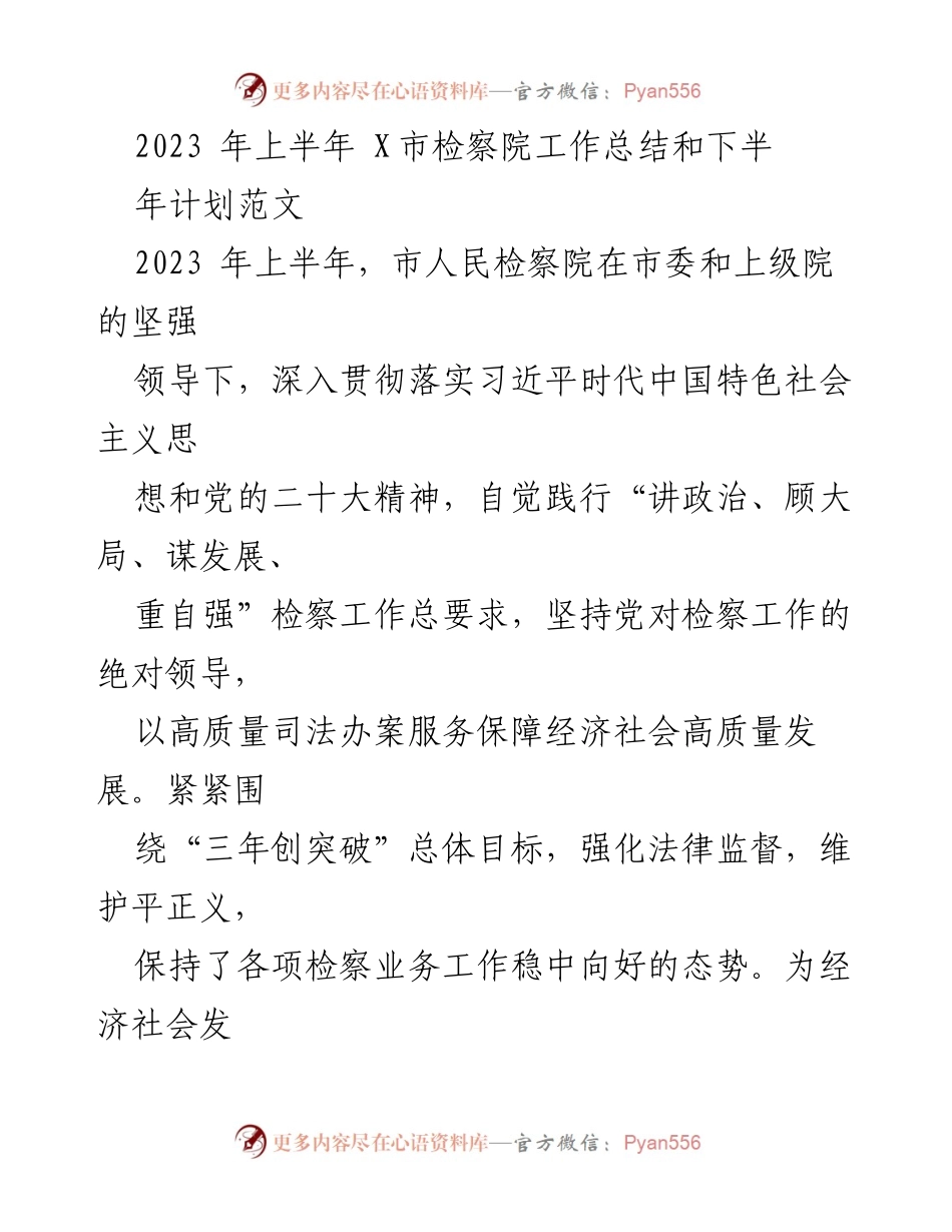 [工作总结] 检察院工作会议 - 2023年上半年X市检察院工作总结与下半年计划.docx_第1页