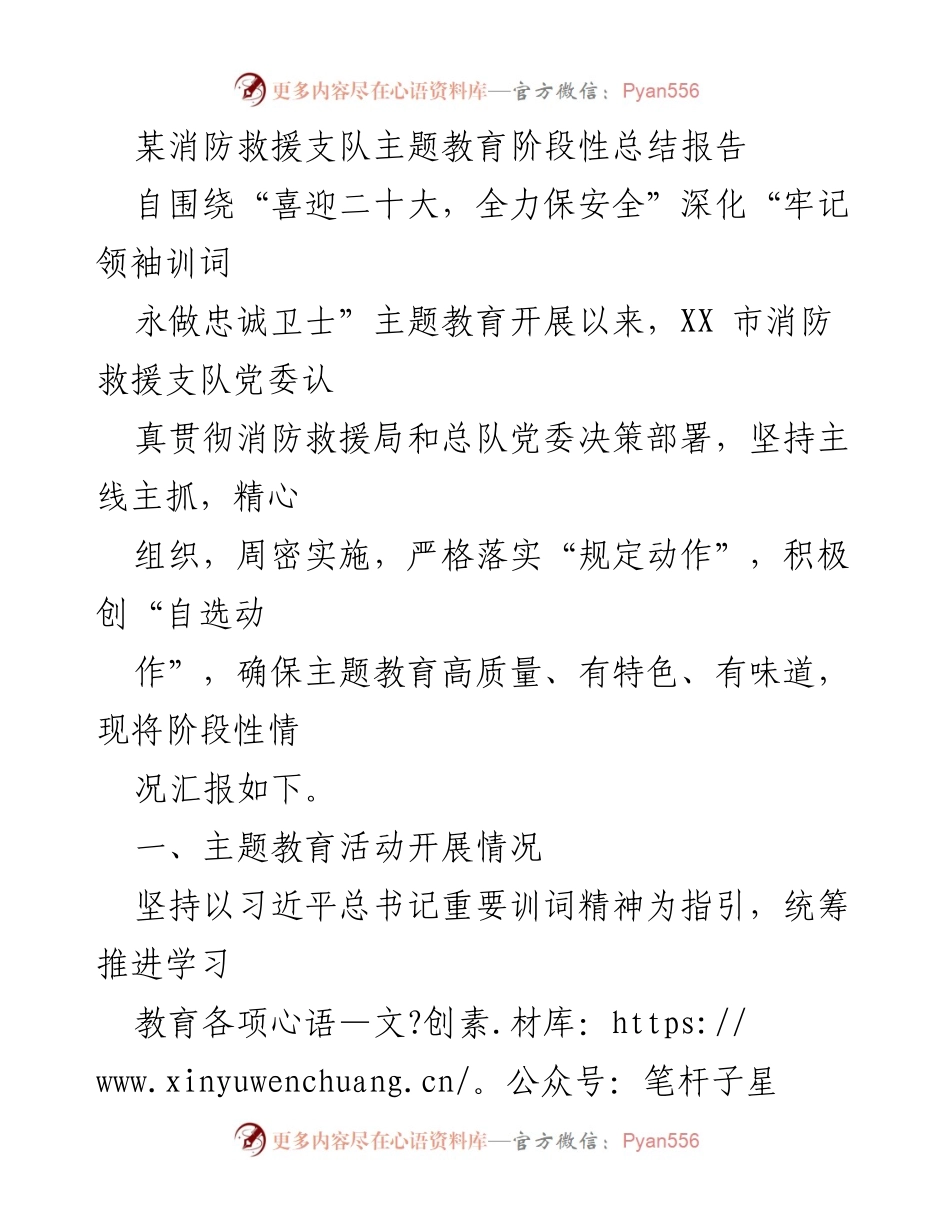[工作总结] 消防救援支队 - “喜迎二十大，全力保安全”主题教育阶段性总结报告.docx_第1页