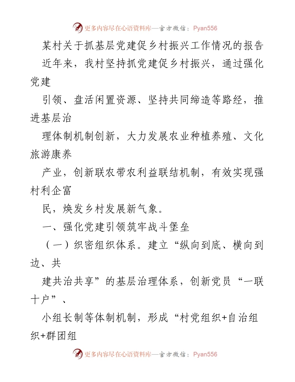 [工作总结] 村庄党建与乡村振兴 - 抓党建促乡村振兴的实践与成效报告.docx_第1页