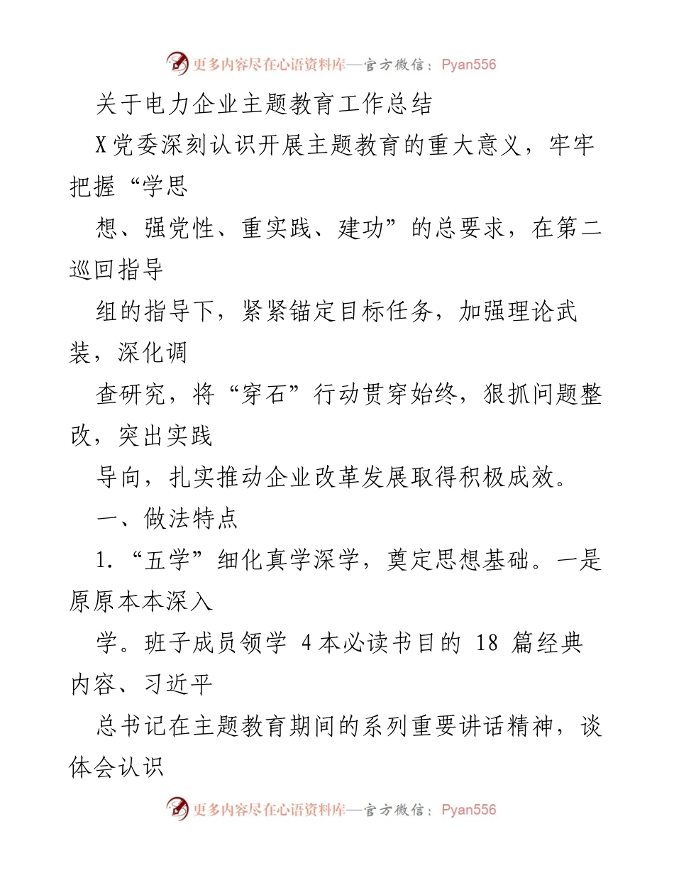 [工作总结] 电力企业主题教育 - 电力企业主题教育工作总结与实践探索_1.docx_第1页