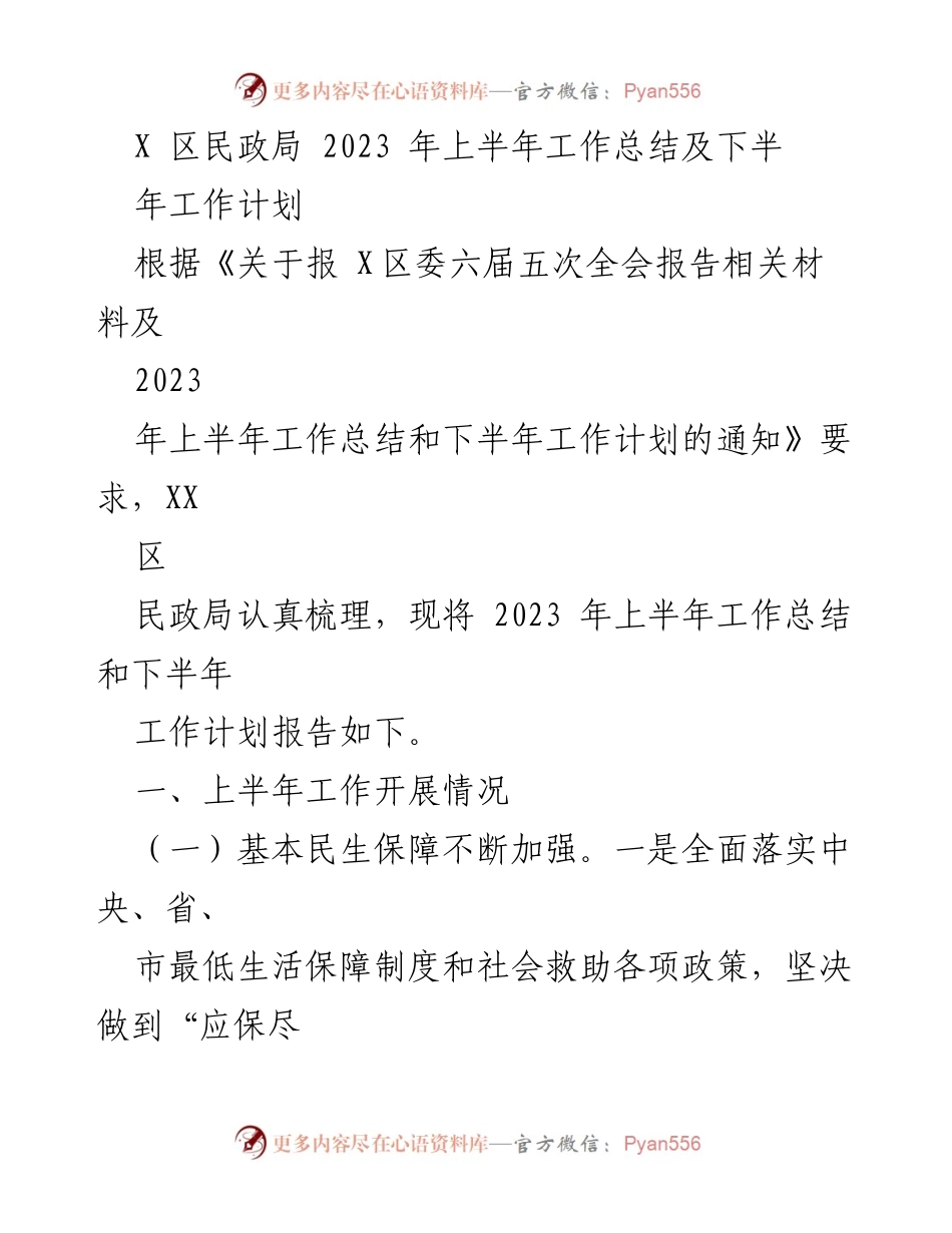 [工作总结] 民政局 - 2023年上半年工作总结及下半年工作计划.docx_第1页