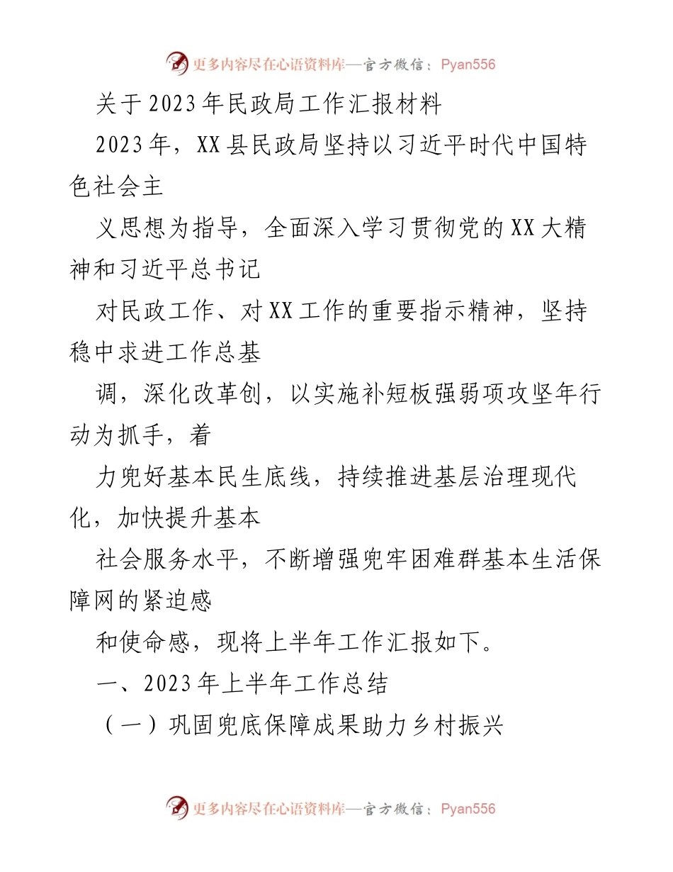 [工作总结] 民政局工作汇报 - 2023年上半年民政局工作总结与成效分析.docx_第1页