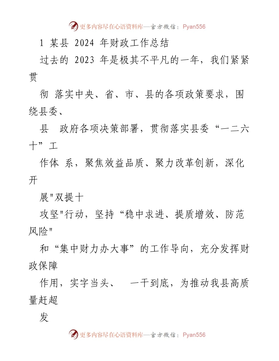 [工作总结] 某县财政工作总结 - 2023年财政工作回顾与成果展示.docx_第1页