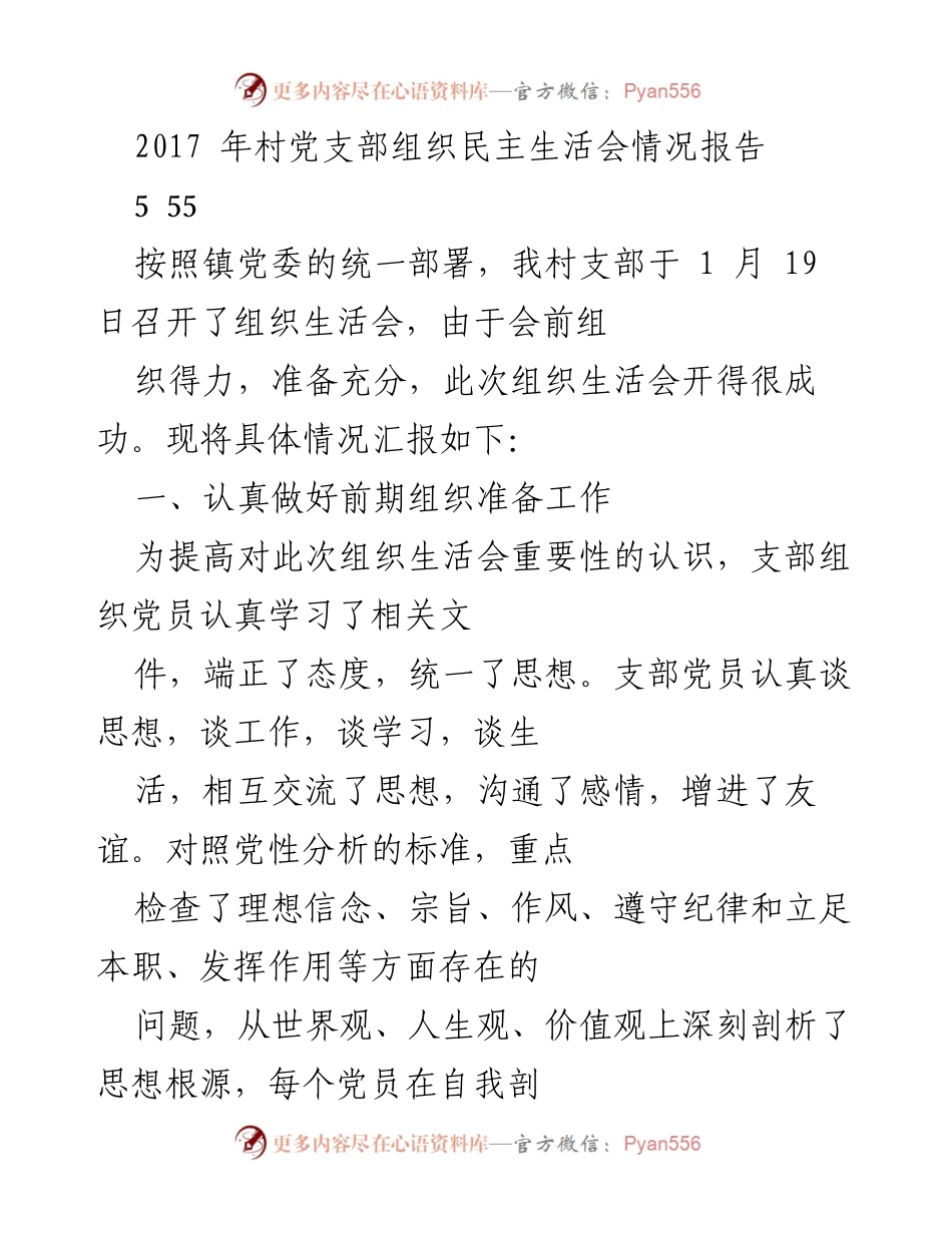 [工作总结] 组织生活会 - 2017年村党支部组织生活会情况汇报.docx_第1页