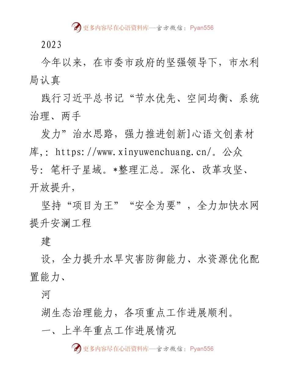 [工作总结] 水利局 - 2023年上半年水利工作进展总结.docx_第1页