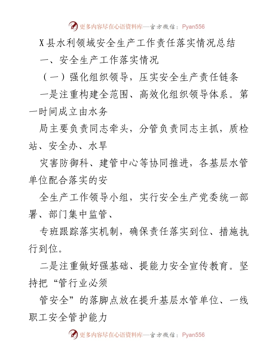 [工作总结] 水利安全生产 - X县水利领域安全生产责任落实情况总结_1.docx_第1页