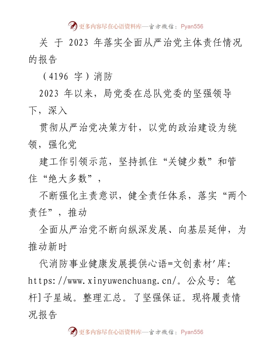 [工作总结] 消防局 - 2023年全面从严治党主体责任落实情况报告.docx_第1页