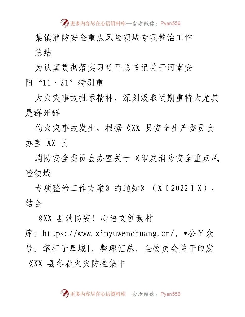 [工作总结] 消防安全整治 - 某镇消防安全重点风险领域专项整治工作总结.docx_第1页