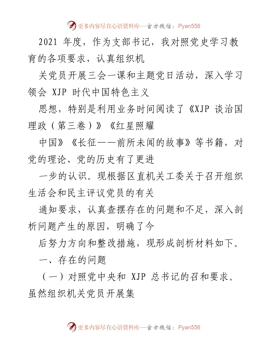 [工作总结] 组织生活会 - 2021年度支部书记工作总结与问题剖析.docx_第1页