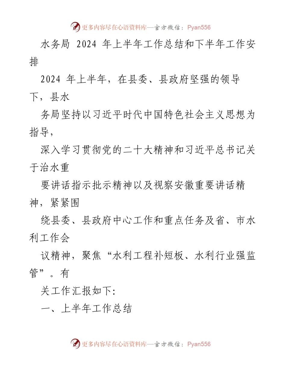 [工作总结] 水务局 - 2024年上半年工作总结与下半年工作安排_1.docx_第1页