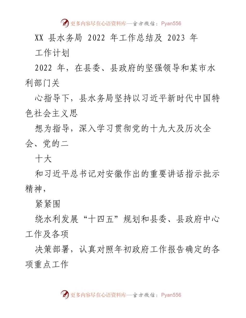[工作总结] 水务局 - 2022年工作总结及2023年工作计划.docx_第1页