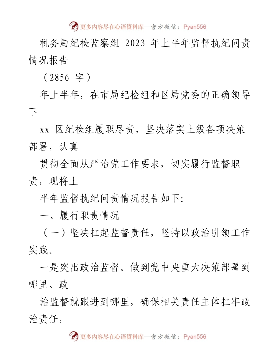 [工作总结] 税务局 - 2023年上半年监督执纪问责情况总结报告.docx_第1页