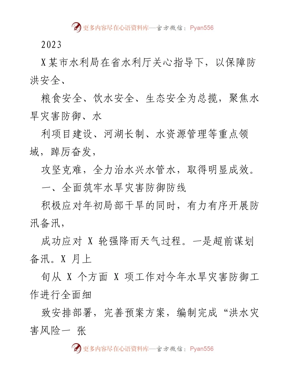 [工作总结] 水利项目推进 - 2023年X某市水利局防洪及水利项目工作总结.docx_第1页