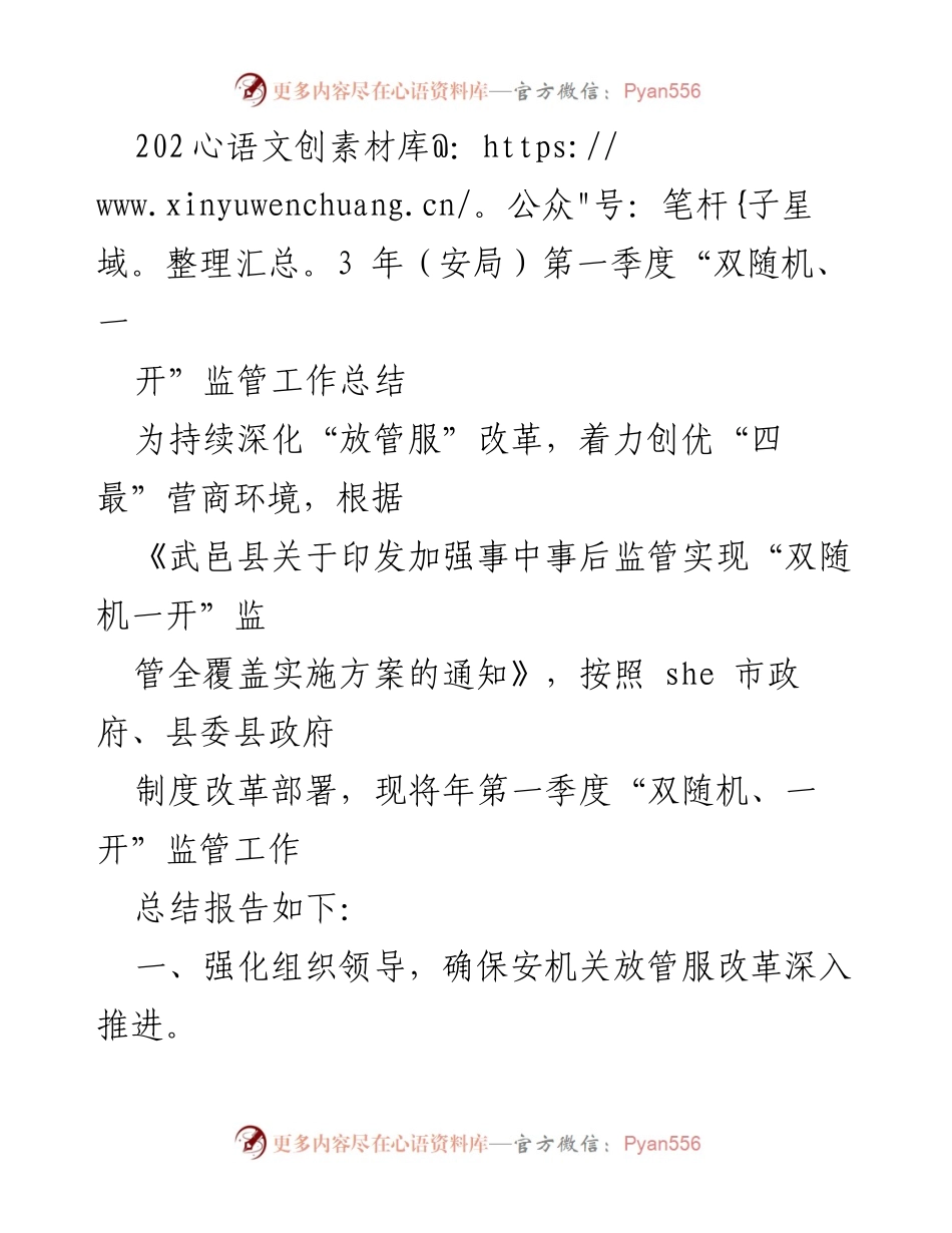 [工作总结] 第一季度 - 2023年安局“双随机、一开”监管工作总结报告.docx_第1页