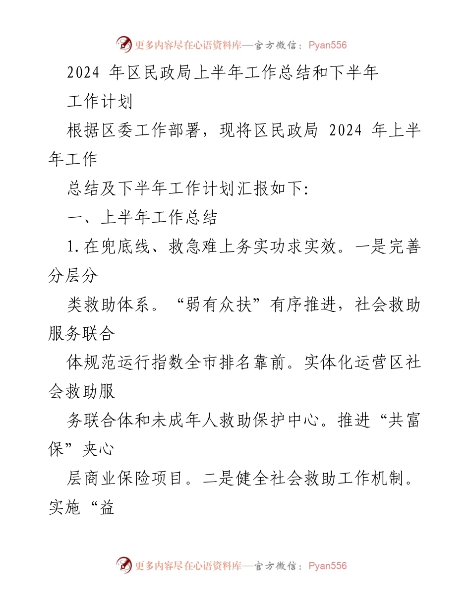 [工作总结] 民政局 - 2024年上半年工作总结与下半年工作计划报告.docx_第1页
