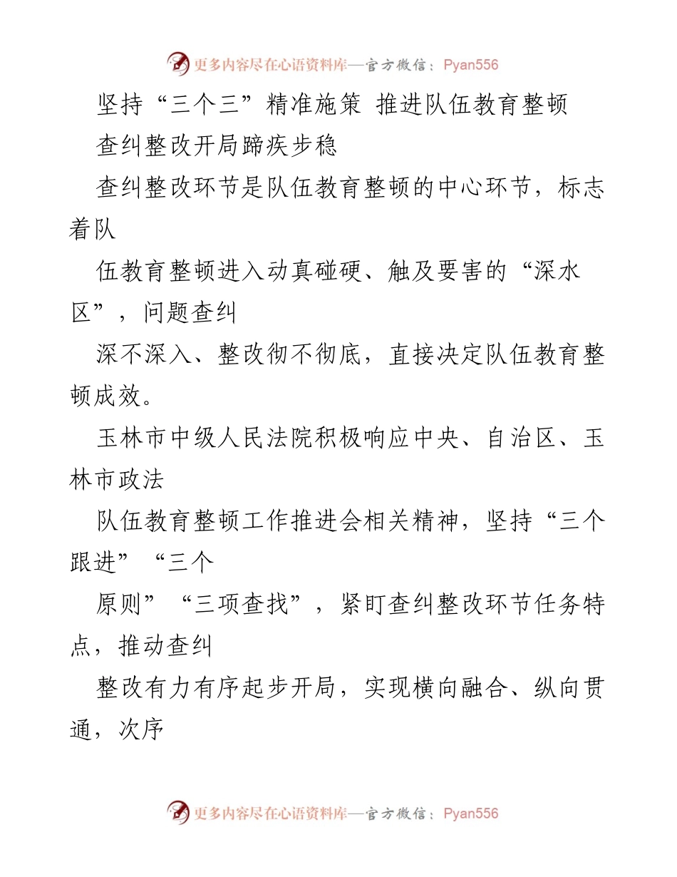 [工作总结] 玉林市中级人民法院 - 坚持“三个三”精准施策，扎实推进队伍教育整顿查纠整改.docx_第1页