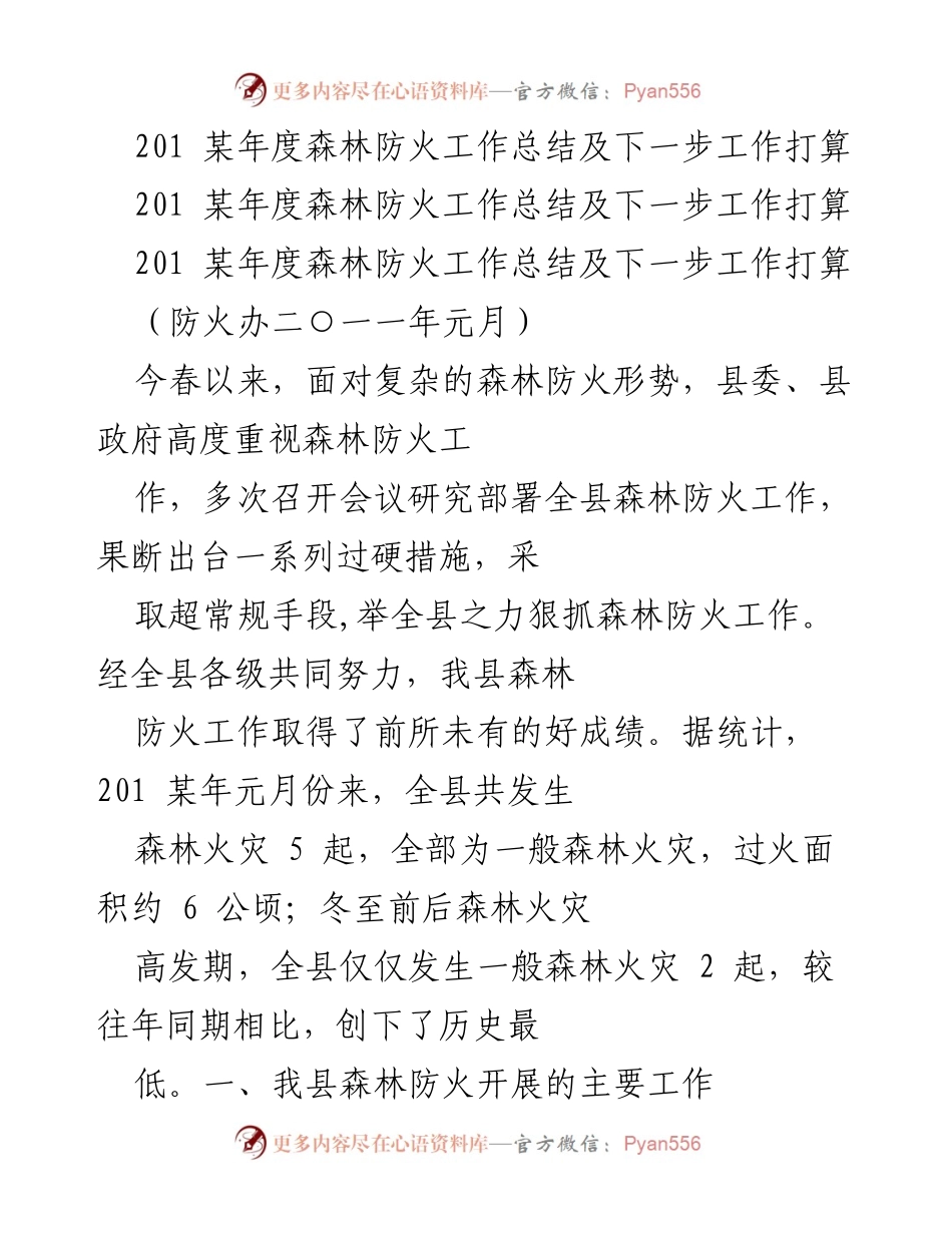 [工作总结] 森林防火工作会议 - 某年度森林防火工作总结与下一步计划.docx_第1页
