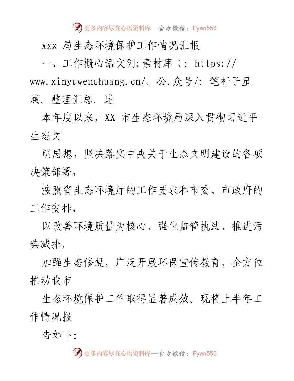 [工作总结] 生态环境局 - XX市生态环境保护工作情况汇报.docx_第1页