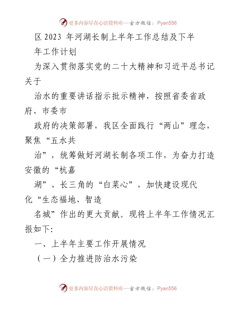 [工作总结] 河湖长制工作 - 2023年上半年河湖长制工作总结及下半年工作计划.docx_第1页