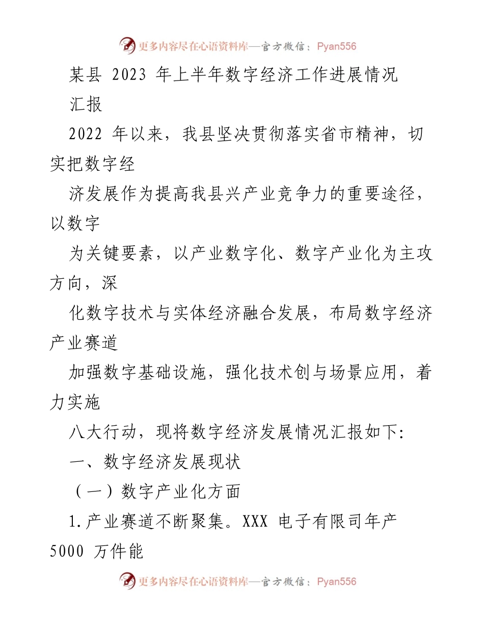 [工作总结] 某县2023年上半年 - 某县数字经济发展工作进展汇报.docx_第1页