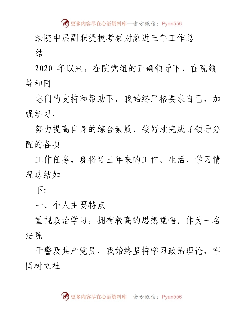 [工作总结] 法院中层副职提拔考察 - 三年工作总结与个人提升报告.docx_第1页