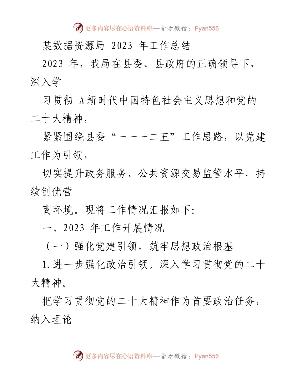 [工作总结] 某数据资源局 - 2023年工作总结暨党建与政务服务提升报告.docx_第1页