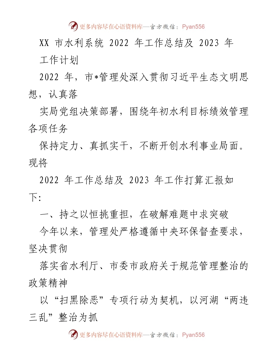 [工作总结] 水利系统 - 2022年水利工作总结及2023年工作计划.docx_第1页