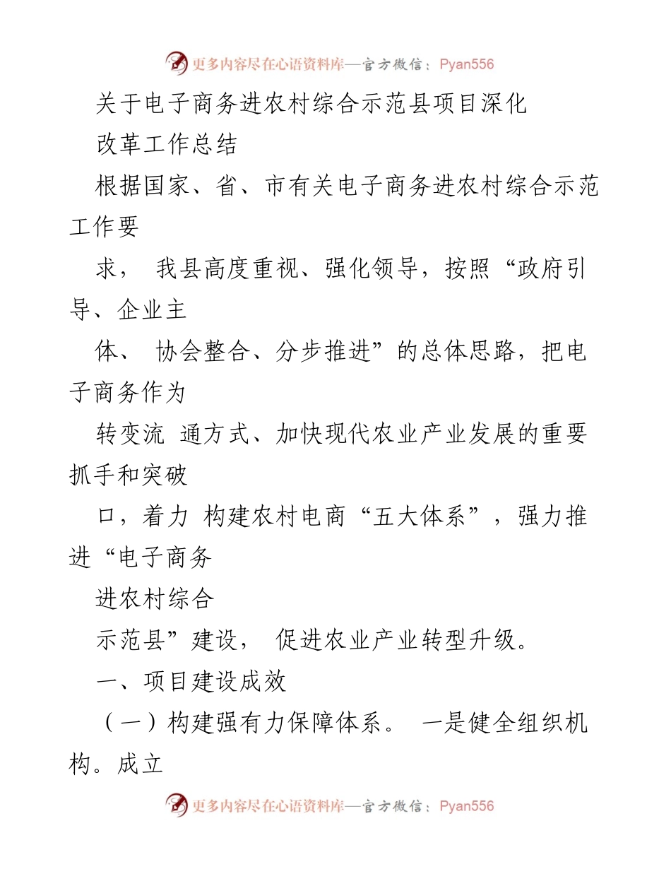 [工作总结] 电子商务进农村综合示范县项目 - 电子商务进农村项目深化改革工作总结.docx_第1页
