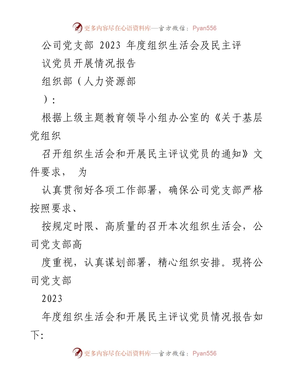 [工作总结] 组织生活会 - 2023年度公司党支部组织生活会及民主评议党员情况报告.docx_第1页