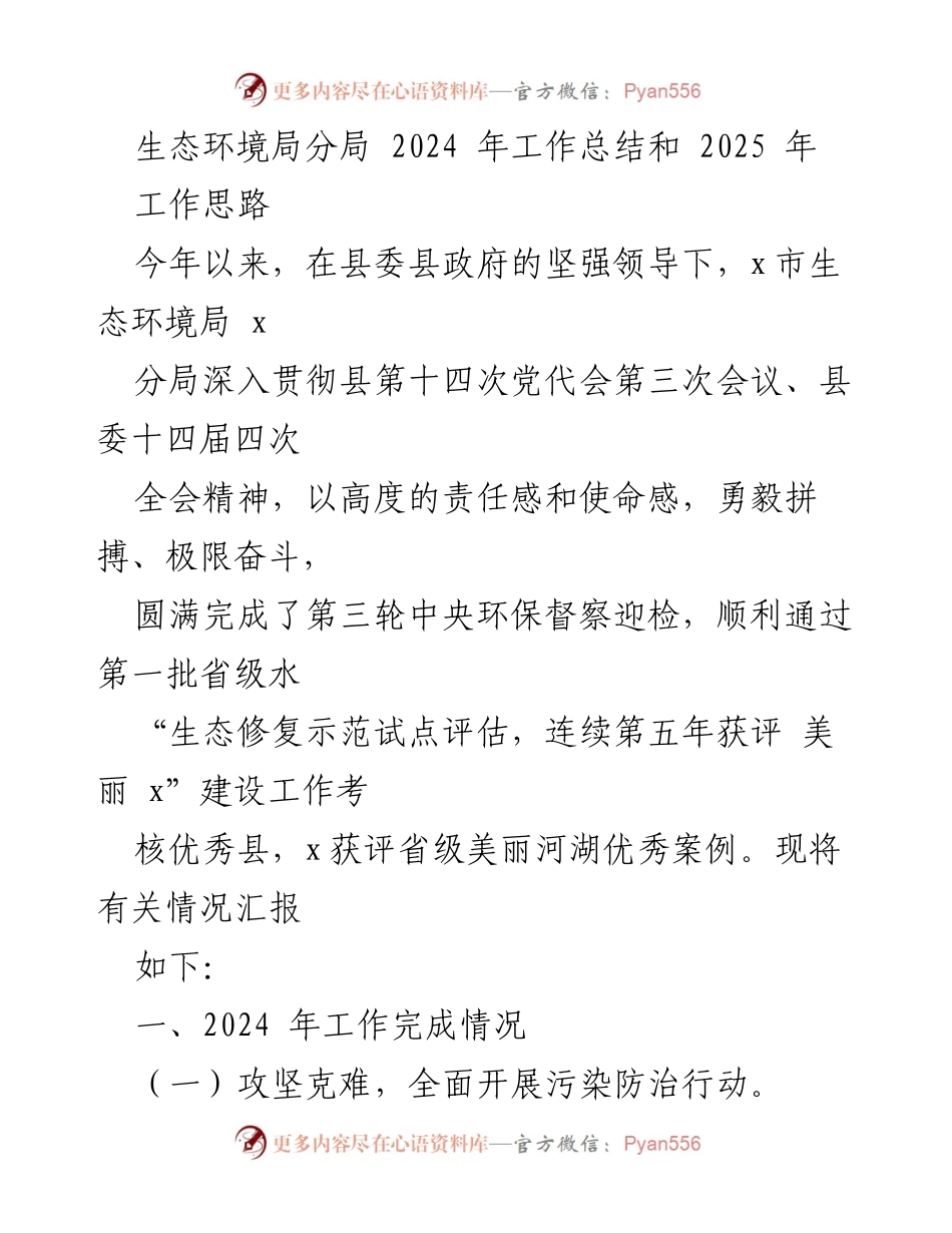 [工作总结] 生态环境局 - 2024年工作总结与2025年工作思路概述_1.docx_第1页