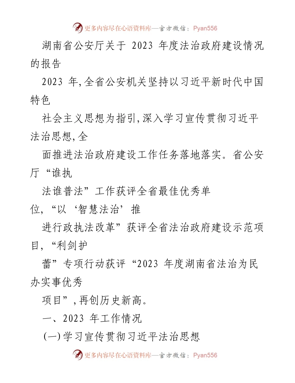 [工作总结] 湖南省公安厅 - 2023年度法治政府建设情况报告.docx_第1页