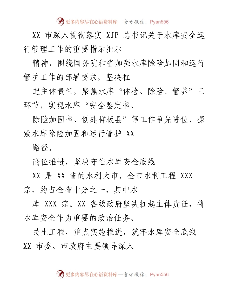 [工作总结] 水库安全管理 - XX市水库安全运行管理工作推进总结.docx_第1页