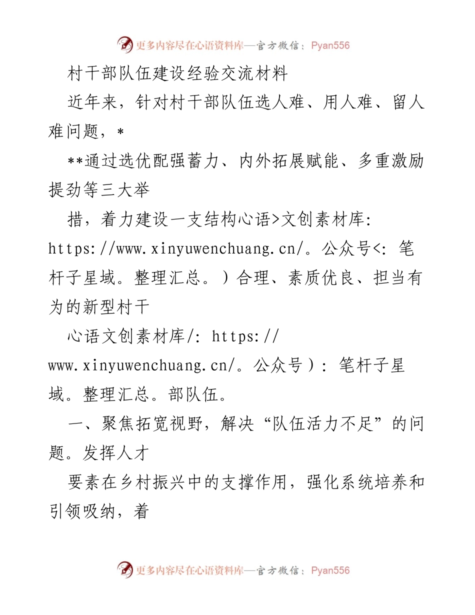 [工作总结] 村干部队伍建设 - 村干部队伍建设经验与激励措施总结.docx_第1页
