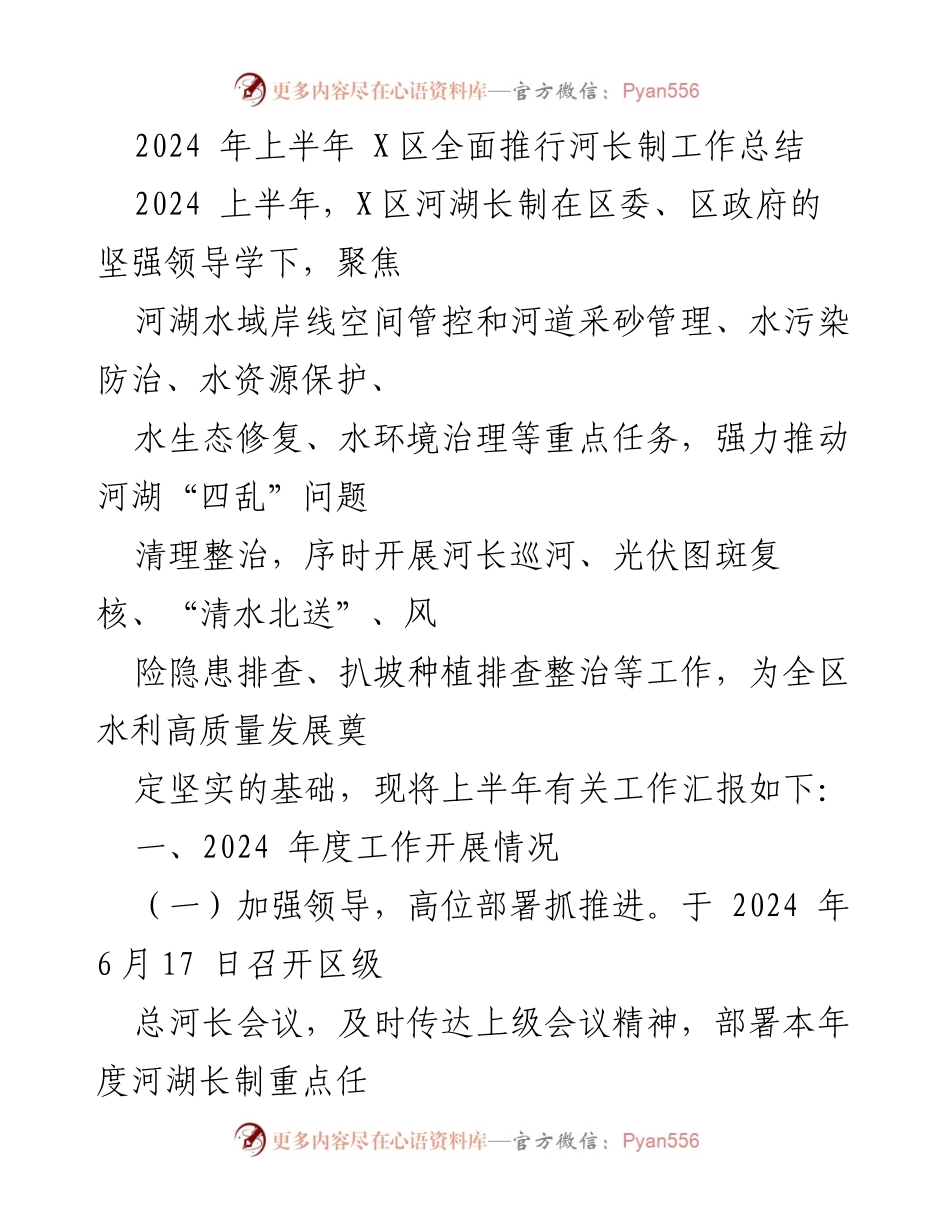 [工作总结] 河长制推广 - 2024年上半年X区河长制工作总结.docx_第1页