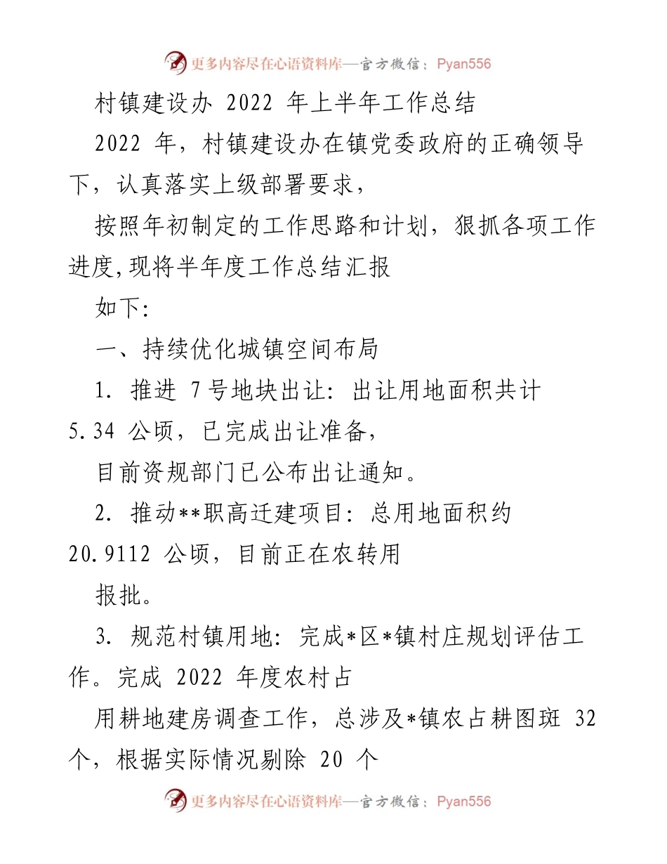 [工作总结] 村镇建设办 - 2022年上半年工作总结报告.docx_第1页