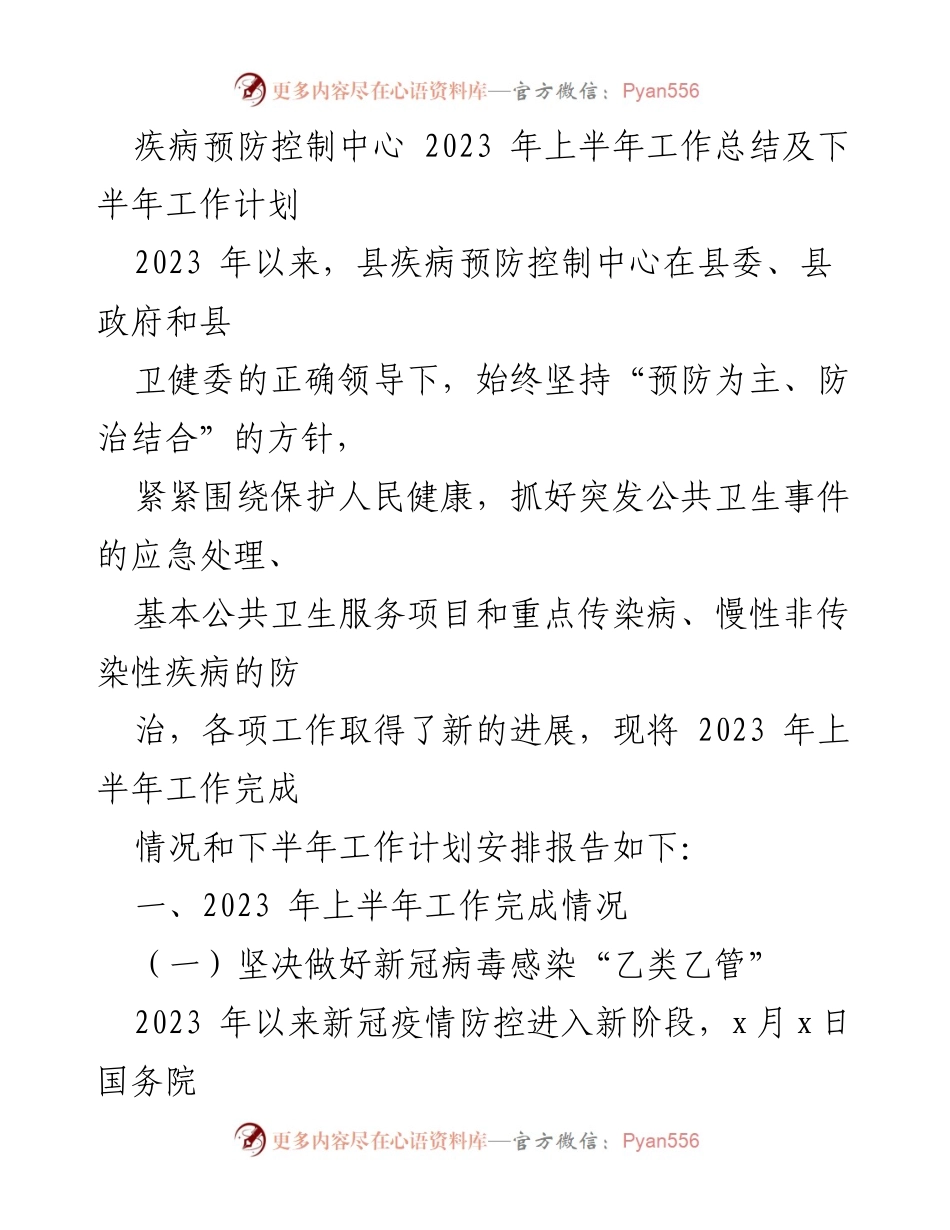 [工作总结] 疾病预防控制中心 - 2023年上半年工作总结与下半年工作计划.docx_第1页