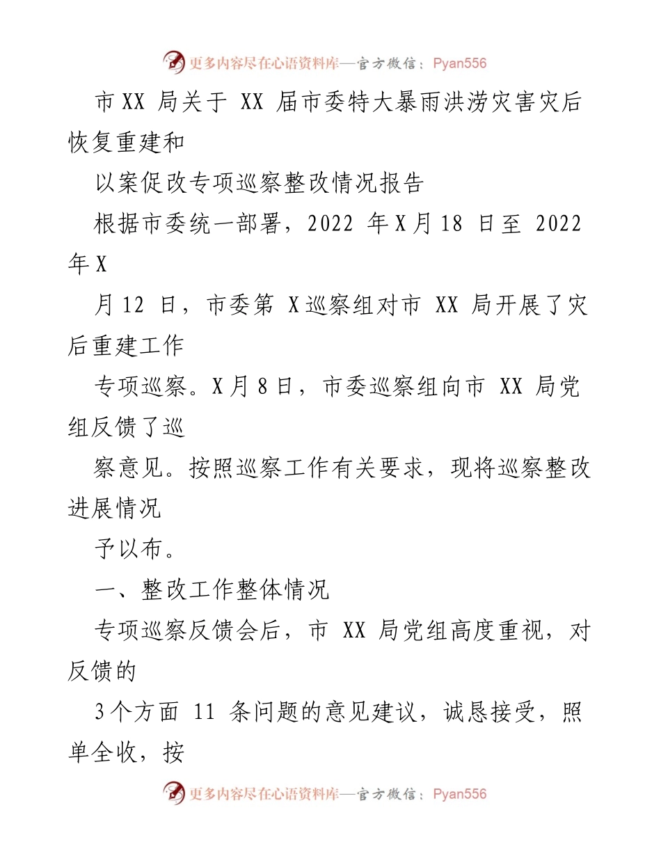 [工作总结] 灾后恢复 - 市XX局灾后重建专项巡察整改情况报告.docx_第1页
