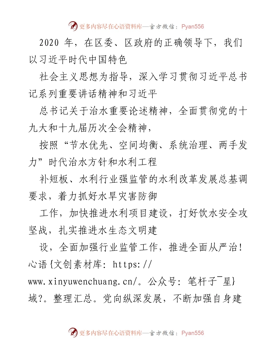 [工作总结] 水利局年度工作 - 2020年水利局工作总结与主题教育推进报告.docx_第1页