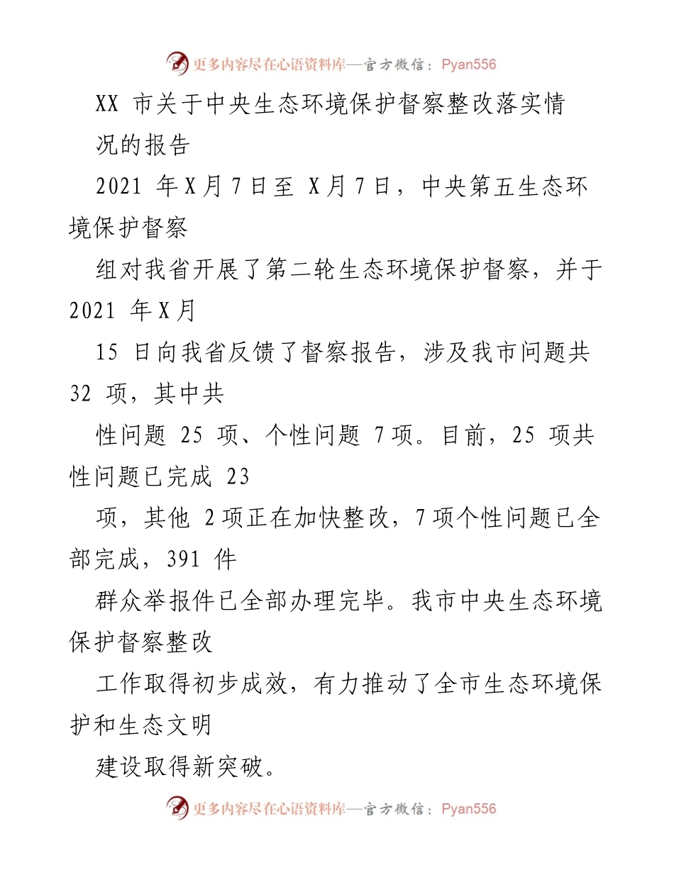 [工作总结] 生态环境保护督察 - XX市中央生态环境保护督察整改工作总结报告.docx_第1页