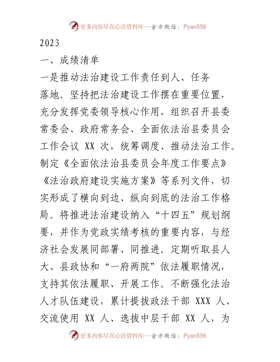 [工作总结] 法治建设 - 2023年度法治建设工作总结与成效分析.docx_第1页
